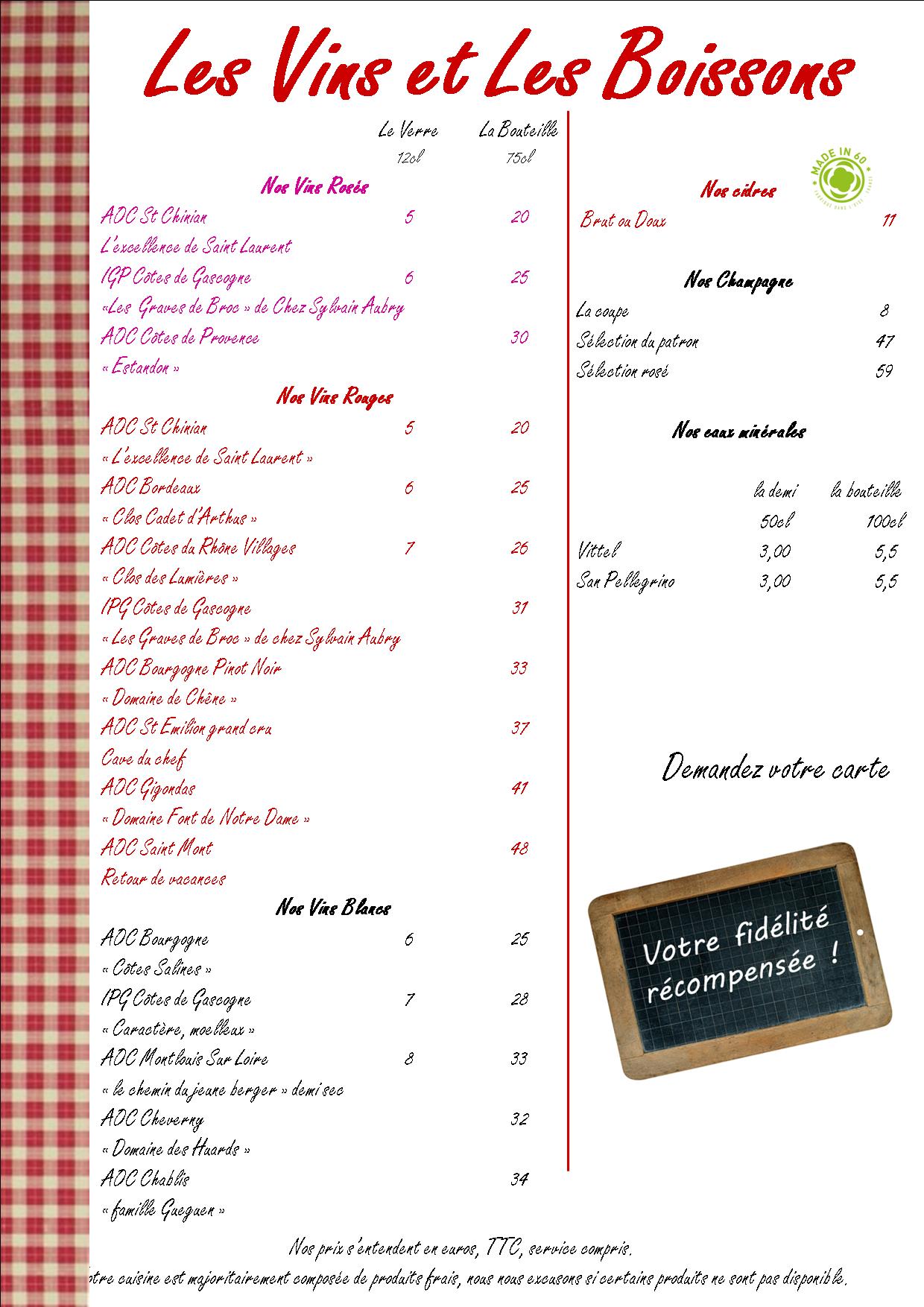 Carte et menus Auberge Les Tilleuls